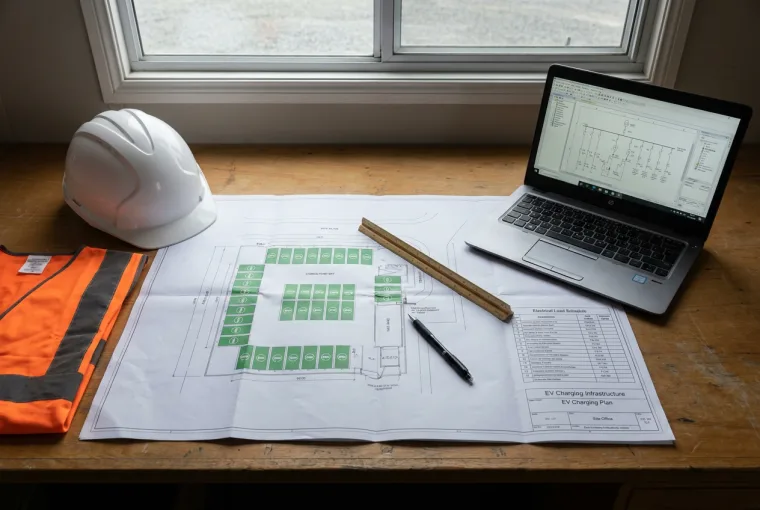 EV charging infrastructure site plan with charge-point bays and a load schedule at the planning stage