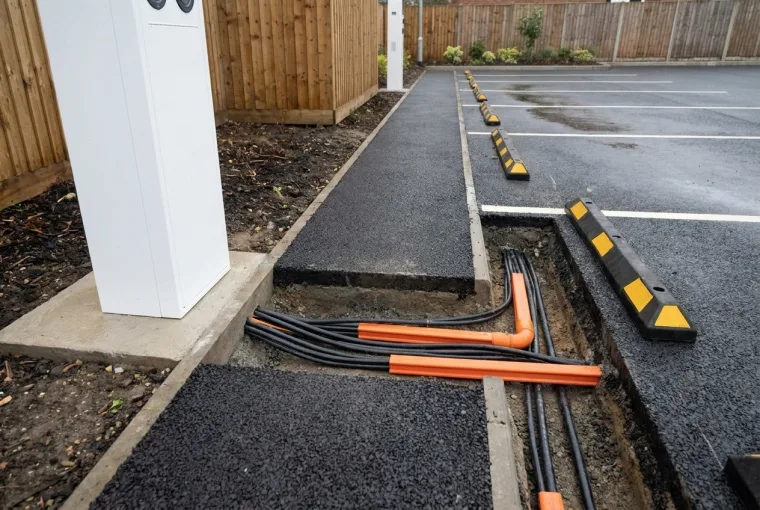 Cables and orange ducts laid in a clean trench leading to a white EV charge-point base during installation