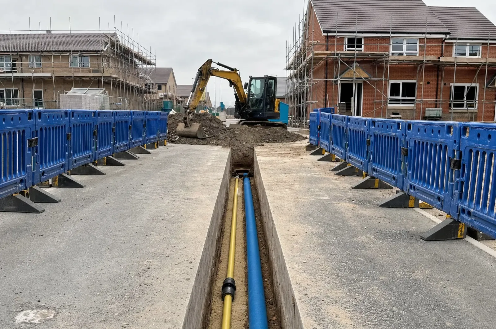 Open utility trench with neatly laid gas and water mains across a UK new-build site