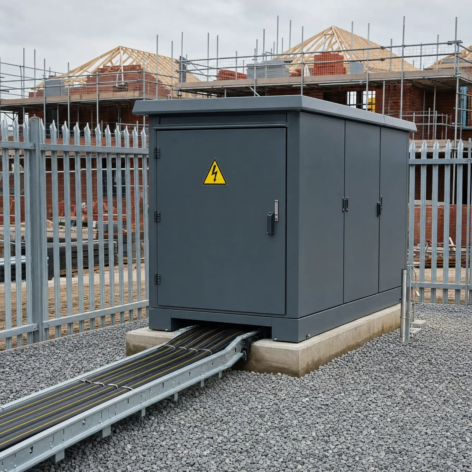 Newly installed grey GRP packaged electrical substation on a UK new-build site