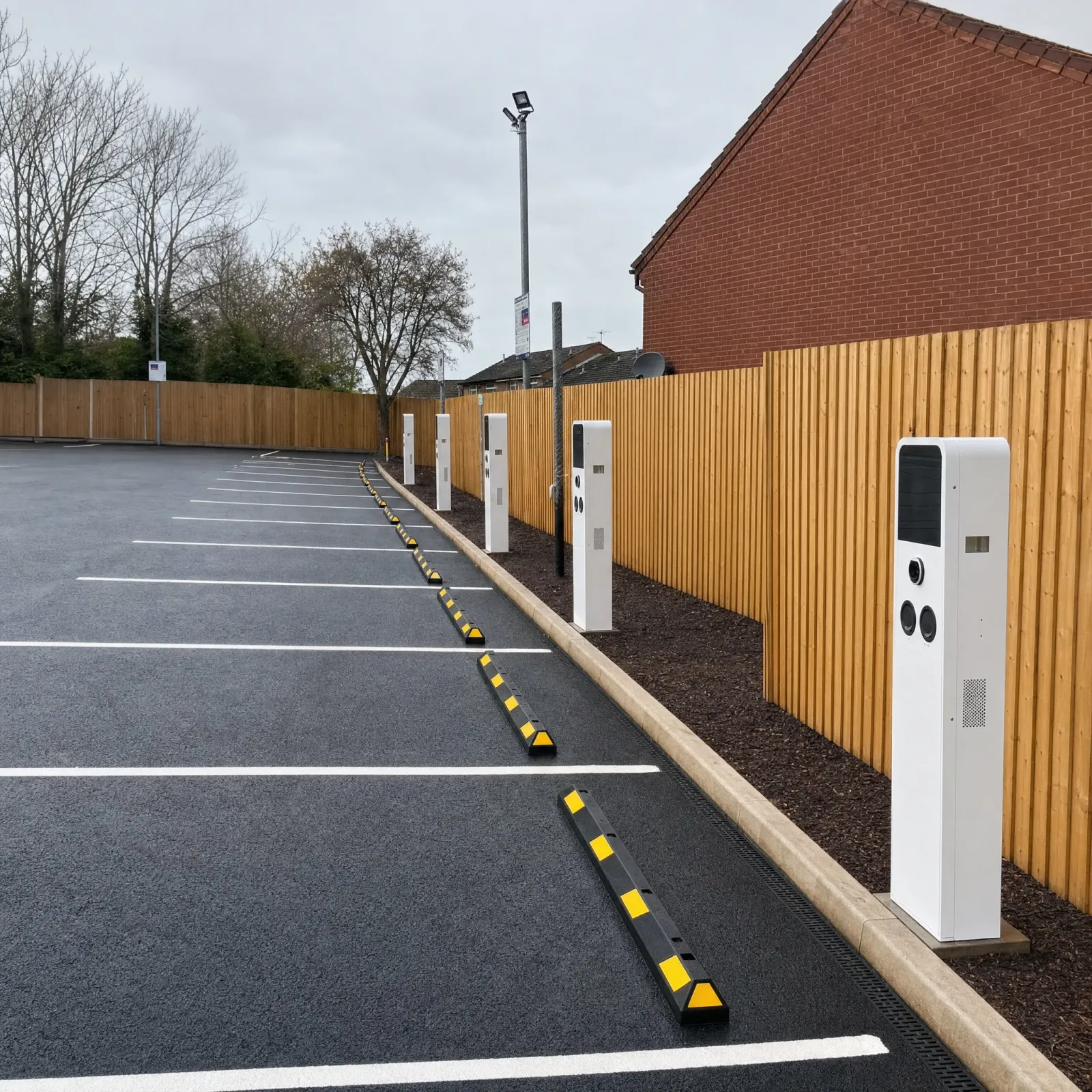Row of newly installed white pedestal EV chargers in a UK car park