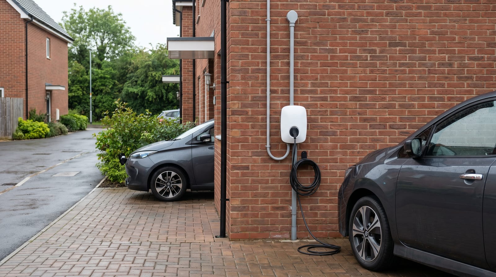 7kW home charge point installed at a residential plot with trunking and cable management