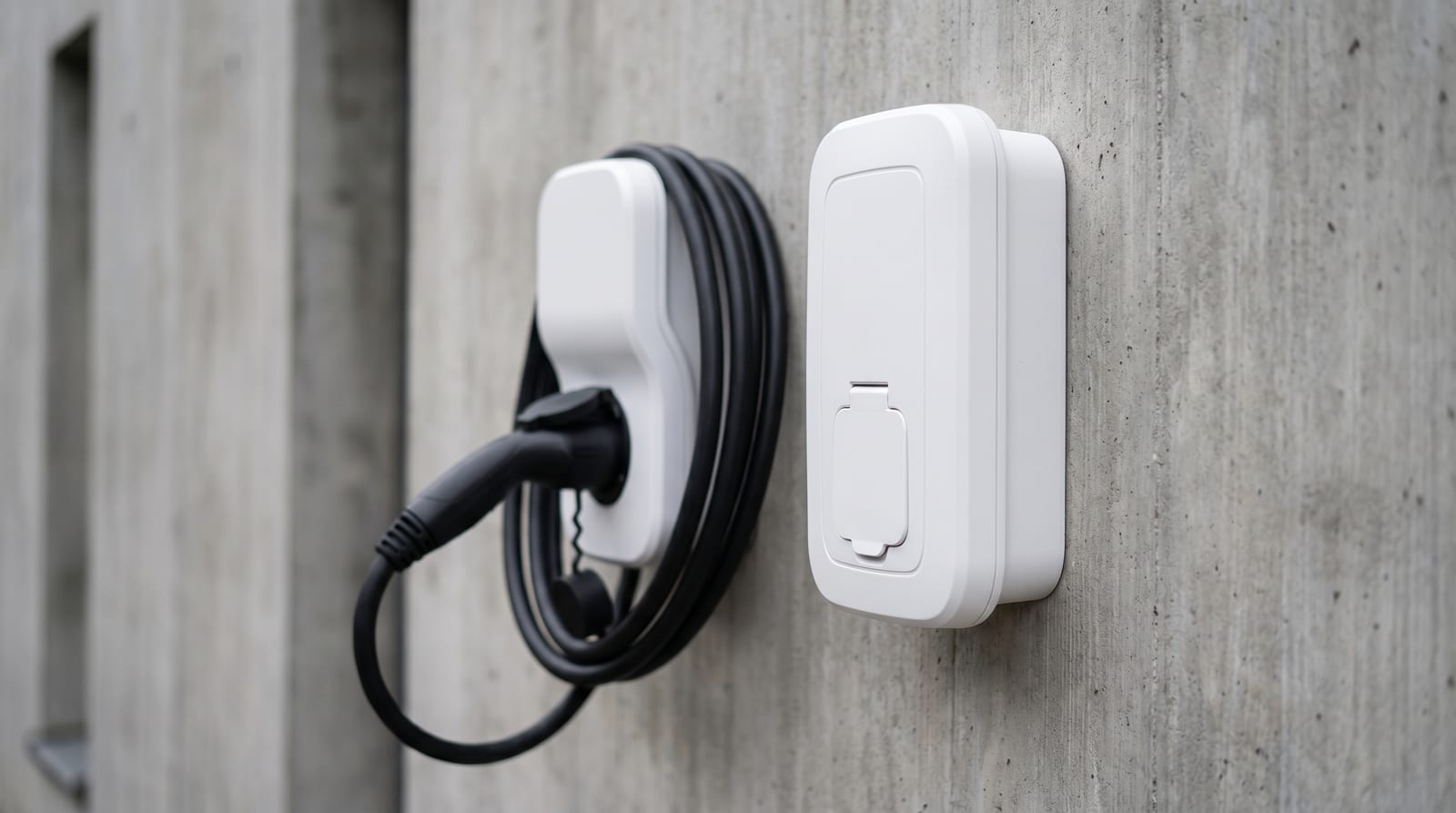 Rows of EV charge points in a commercial workplace car park with branded charge point units